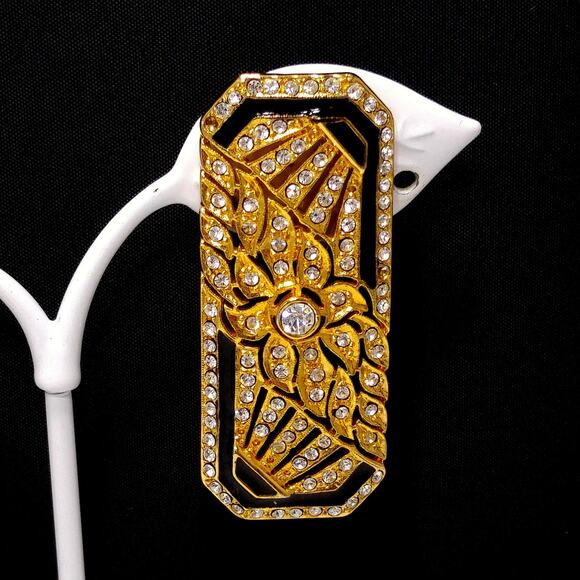 Art Deco Style Large Earrings, Clear Rhinestones, Black Enamel, 1980s Vintage - Picture 3 of 10